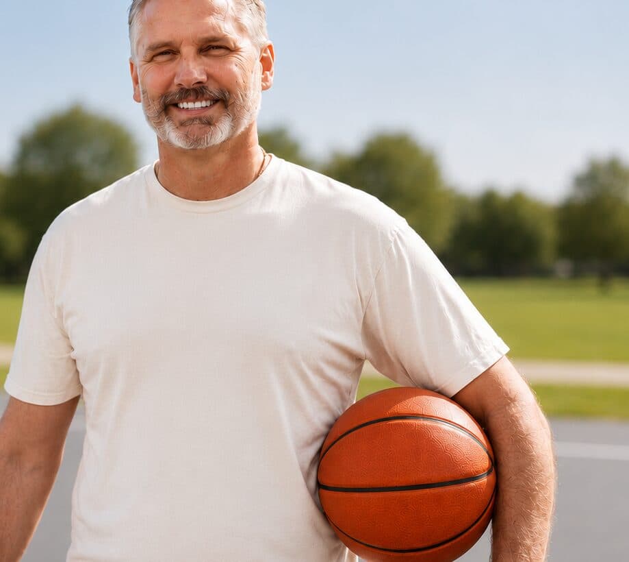 Smiling man holding a basketball outdoors on a sunny court