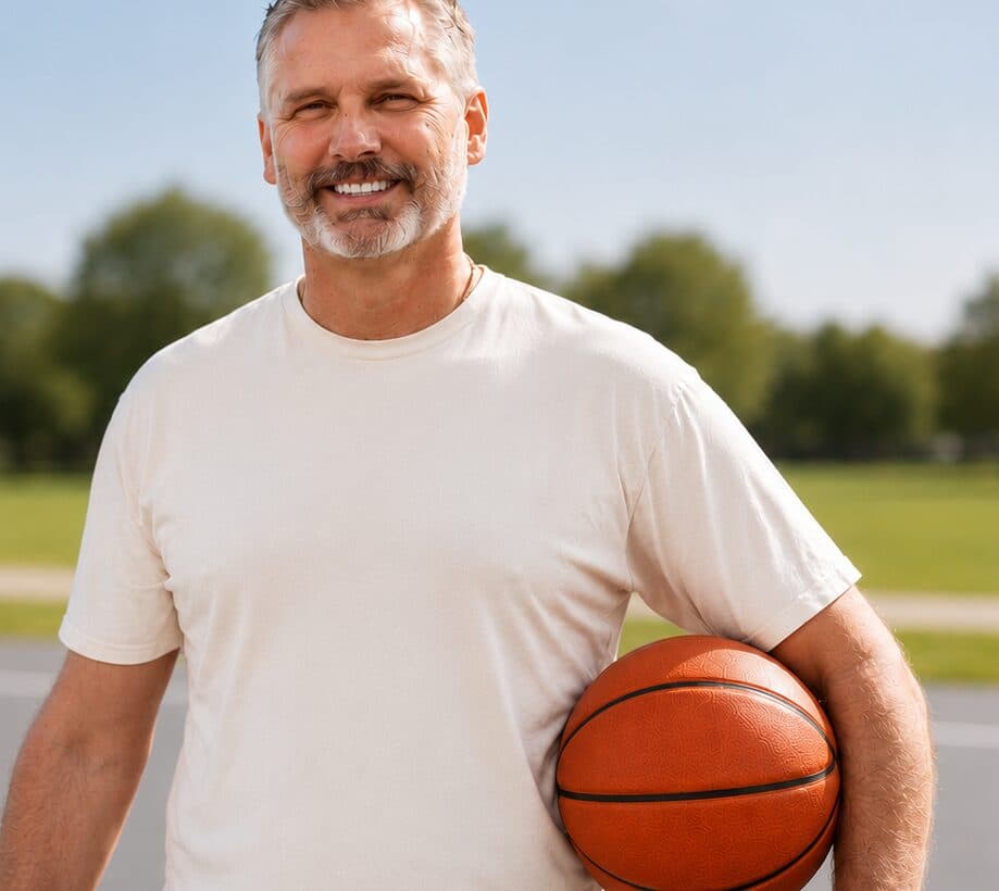 Smiling man holding a basketball outdoors on a sunny court